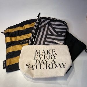 NWOT Bundle of 4 Black/White/Gold Sephora and Saturday Skin Makeup/Travel Bags